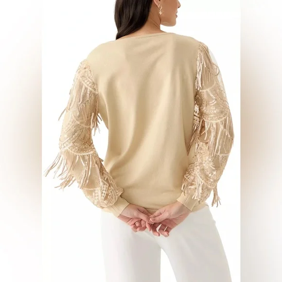 NWT Joseph A. Women's Mixed Media Lace Sequins Sleeve Sweater Khaki Size Large - Picture 1 of 6